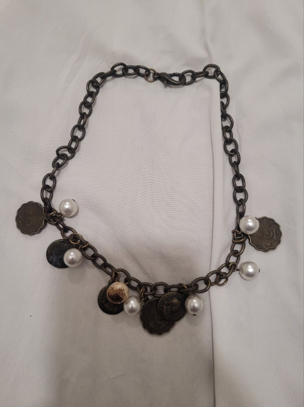 Pearl Charm Antiqued Chain Necklace - White Pearls